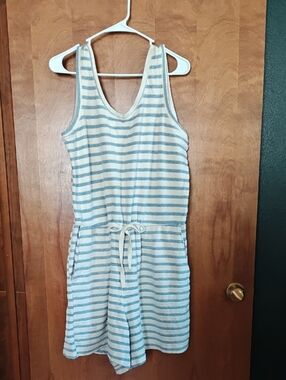 Old Navy Striped Sleeveless Terry Romper in Light Blue and Cream